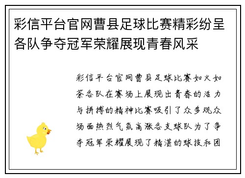 彩信平台官网曹县足球比赛精彩纷呈各队争夺冠军荣耀展现青春风采