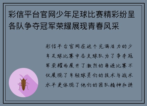 彩信平台官网少年足球比赛精彩纷呈各队争夺冠军荣耀展现青春风采